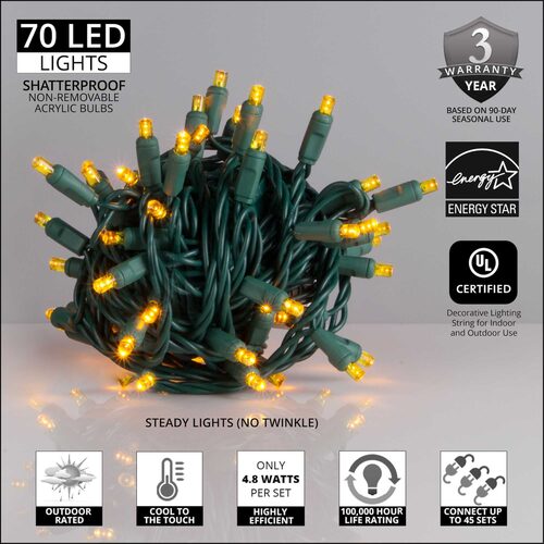 70 5mm Gold LED Christmas Lights, Green Wire, 4" Spacing