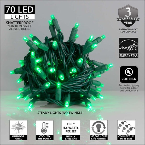 70 5mm Green LED Christmas Lights, Green Wire, 4" Spacing