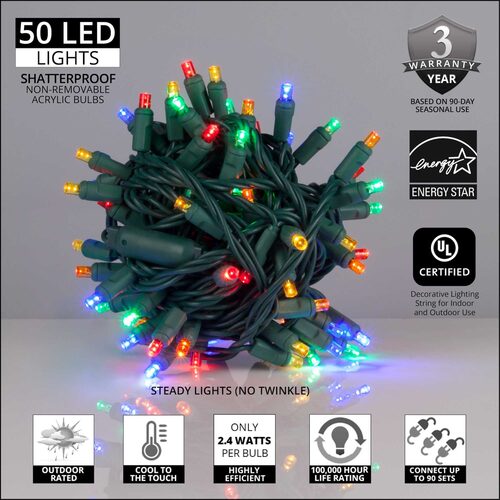 70 5mm Multi Color LED Christmas Lights, Green Wire, 4" Spacing