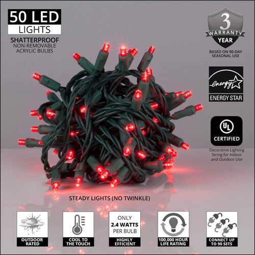 70 5mm Red LED Christmas Lights, Green Wire, 4" Spacing
