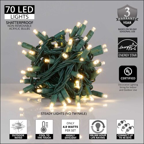 70 5mm Warm White LED Christmas Lights, Green Wire, 4" Spacing