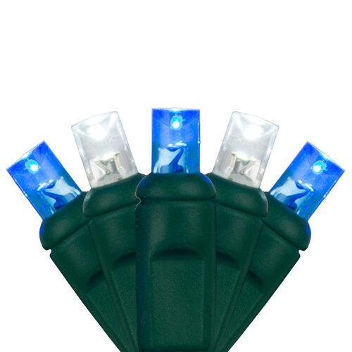 70 5mm Blue, Cool White LED Christmas Lights, Green Wire, 4" Spacing