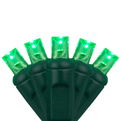 70 5mm Green LED Christmas Lights, Green Wire, 4" Spacing