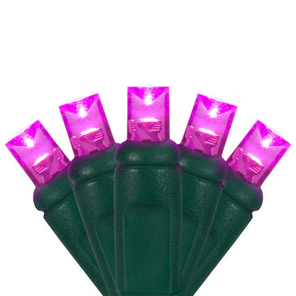 70 5mm Pink LED Christmas Lights, Green Wire, 4" Spacing