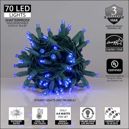 70 5mm Blue LED Christmas Lights, Green Wire, 4" Spacing
