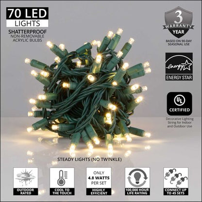 70 5mm Warm White LED Christmas Lights, Green Wire, 4" Spacing