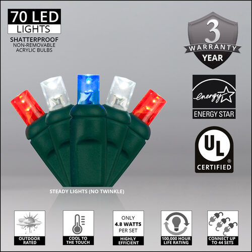 70 5mm Red, White and Blue LED Christmas Lights, Green Wire, 4" Spacing
