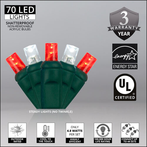 70 5mm Red, Cool White LED Christmas Lights, Green Wire, 4" Spacing